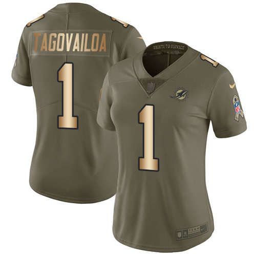 Nike Miami Dolphins #1 Tua Tagovailoa Olive Gold Women Stitched NFL Limited 2017 Salute To Service Jersey